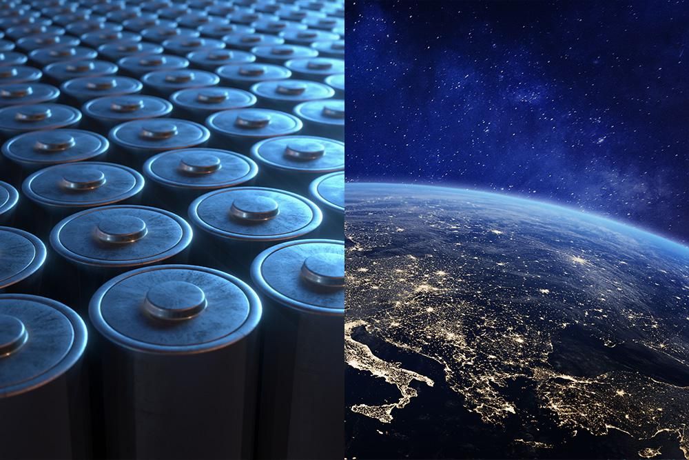 closeup of batteries next to view of earth from space at night