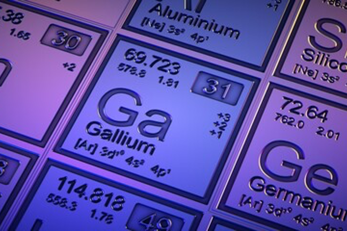 Closeup of gallium on the periodic table with atomic details.