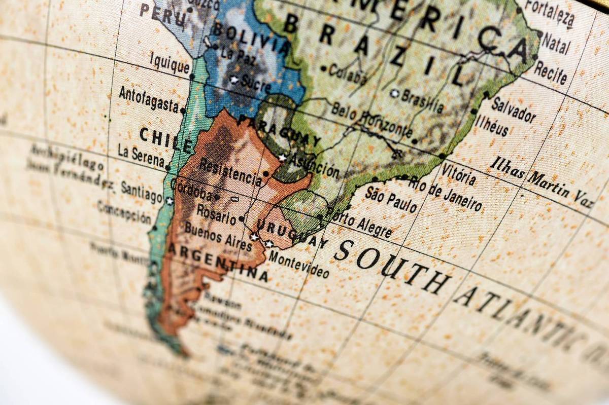 Closeup of globe showing South America with countries like Brazil, Argentina and Chile.