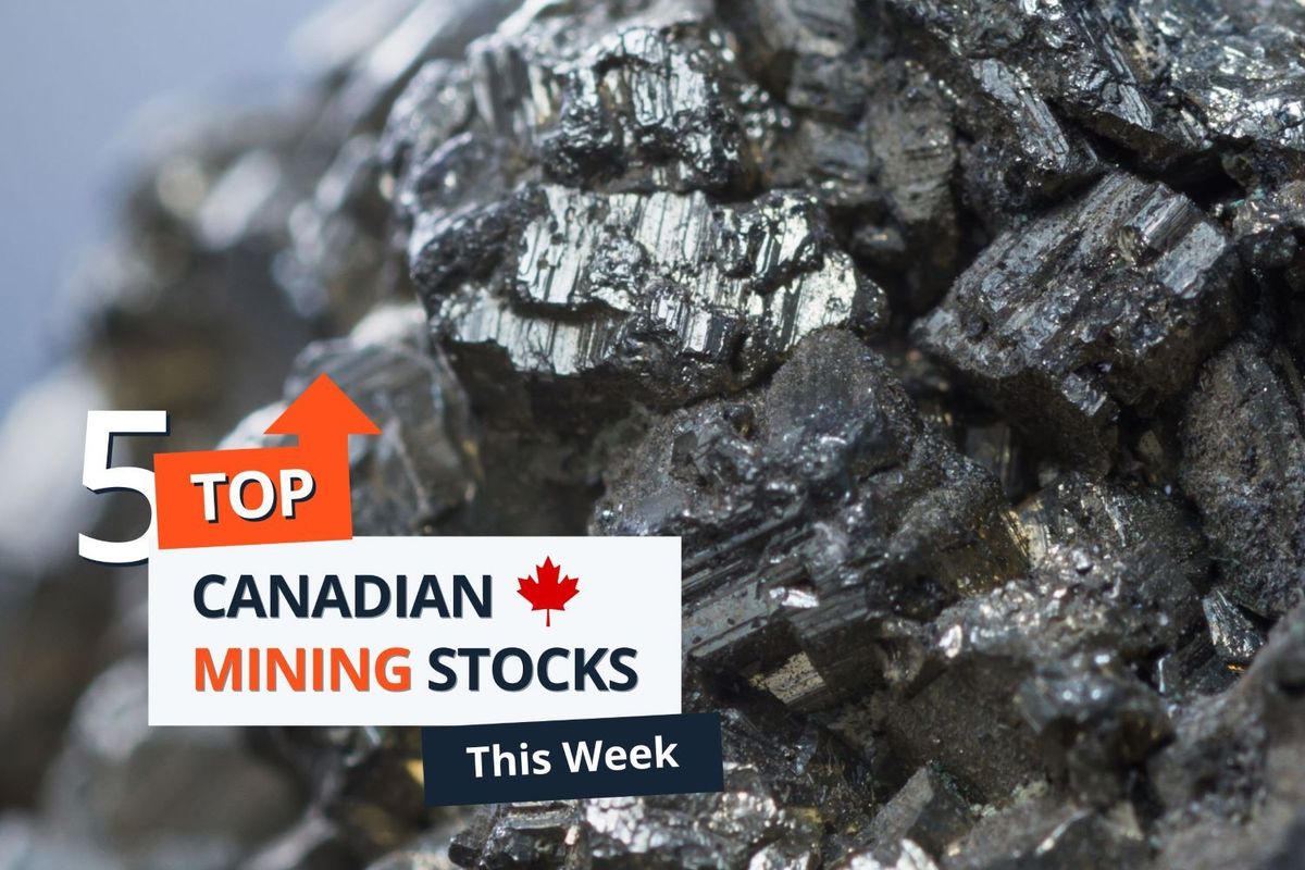 Closeup of graphite minerals. Text reads "5 Top Canadian Mining Stocks This Week."