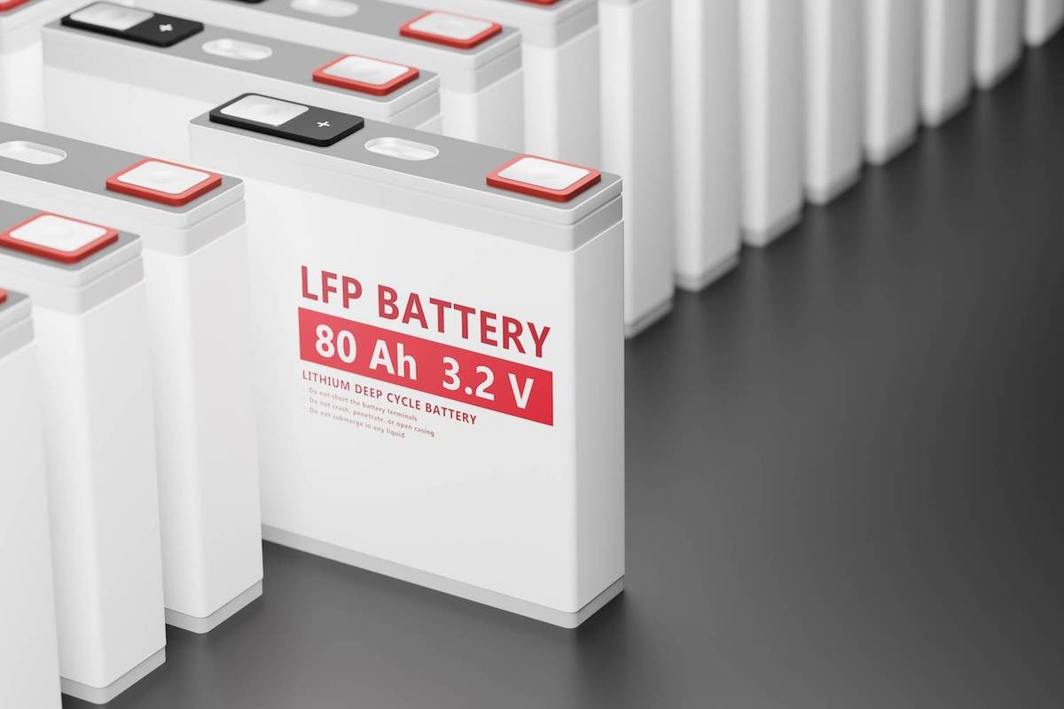 Closeup of LFP battery on a dark background.