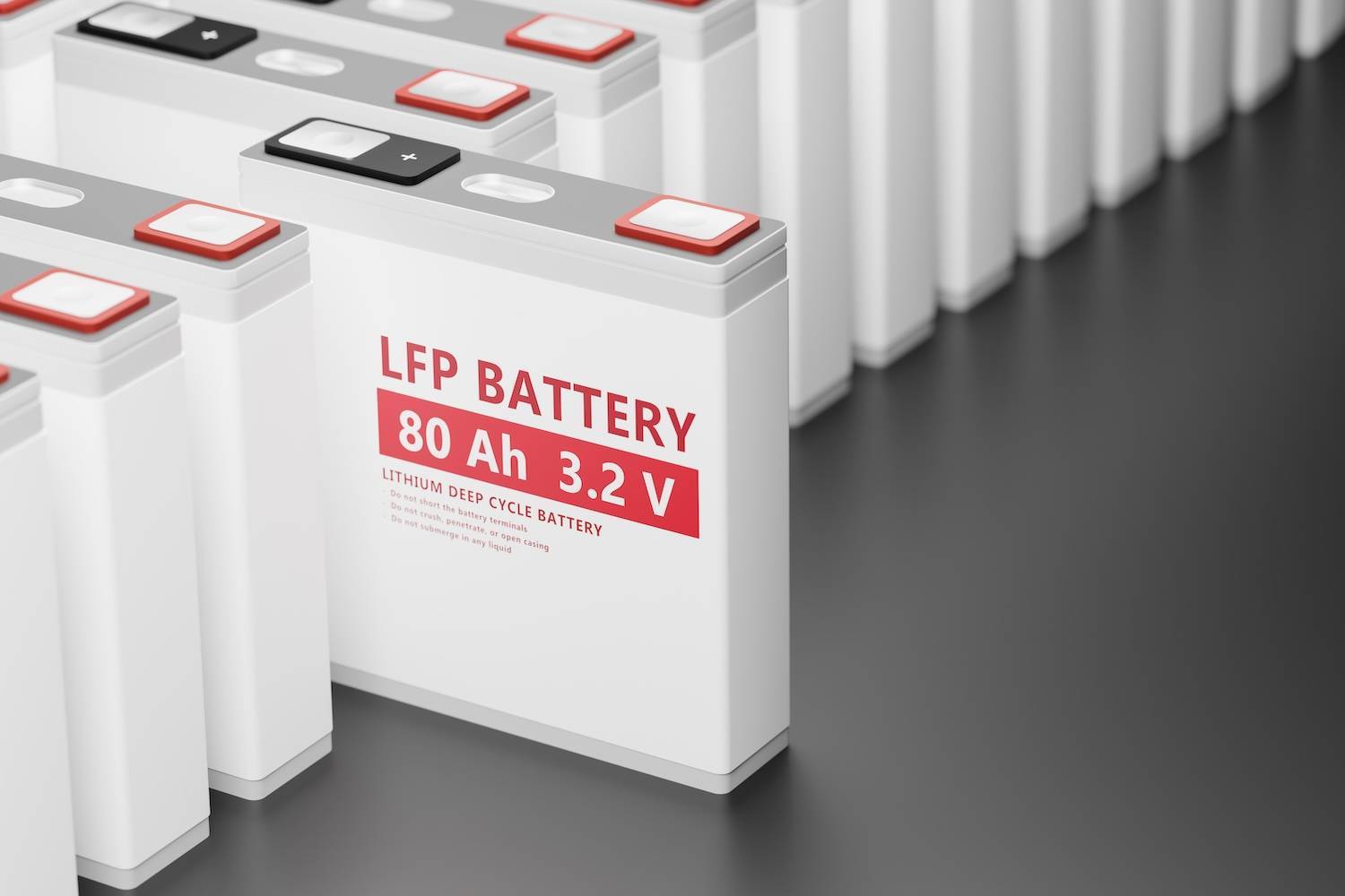 Closeup of LFP battery on a dark background.