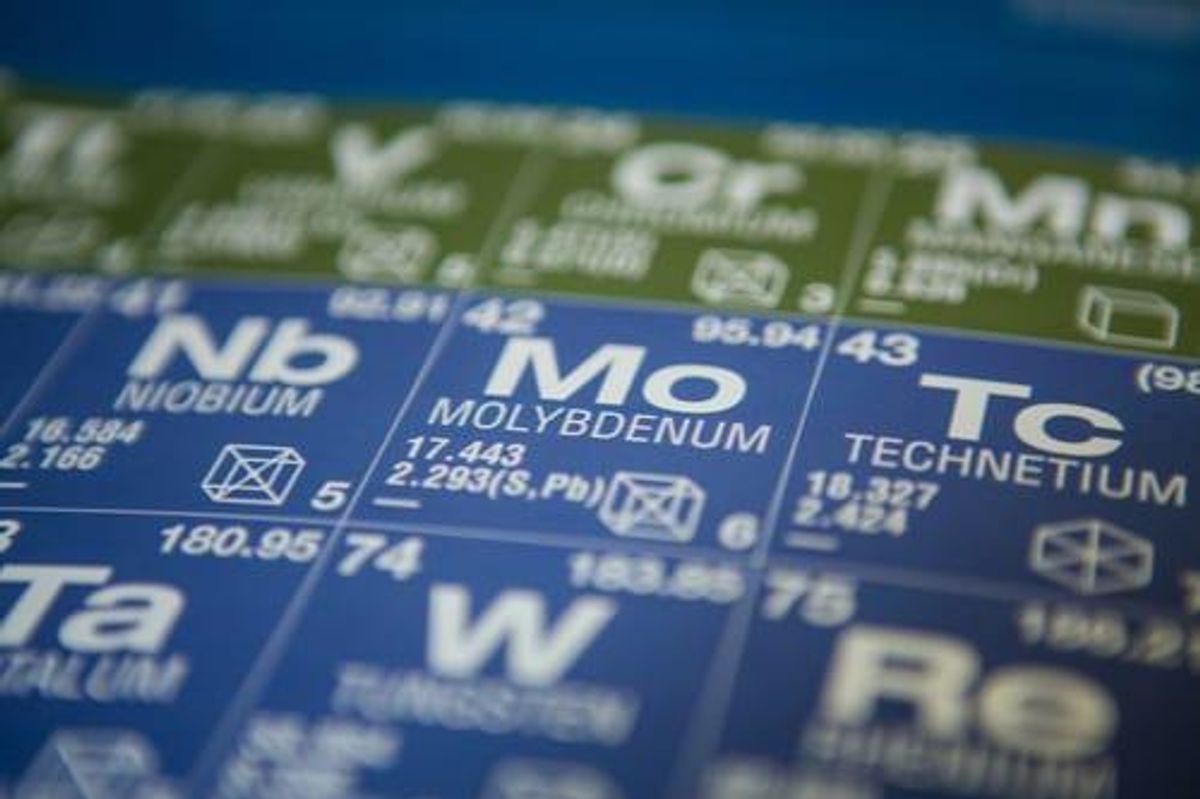closeup of molybdenum on periodic table of elements