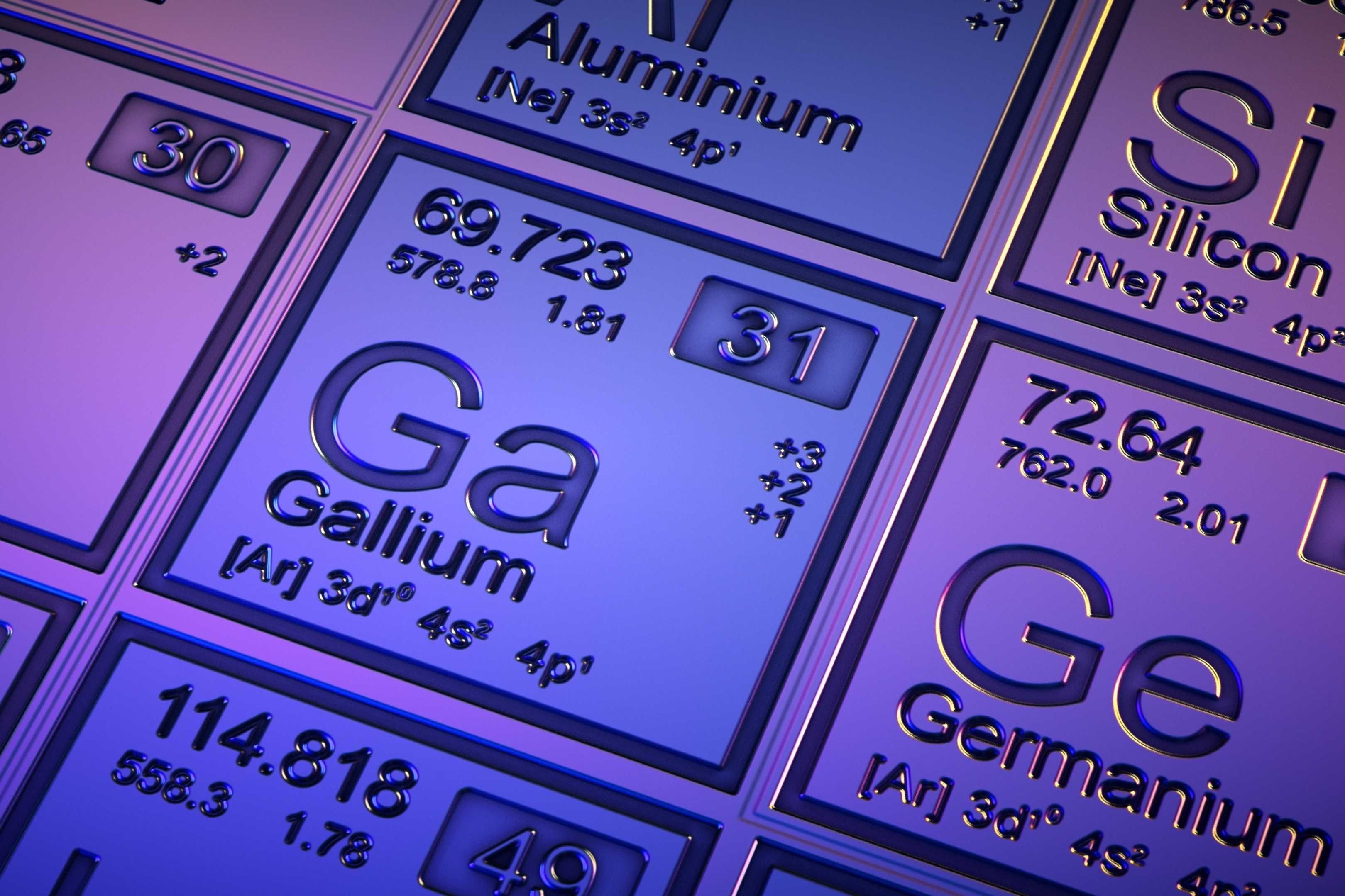 Closeup of periodic table elements showing gallium (Ga) and germanium (Ge) in purple hue.