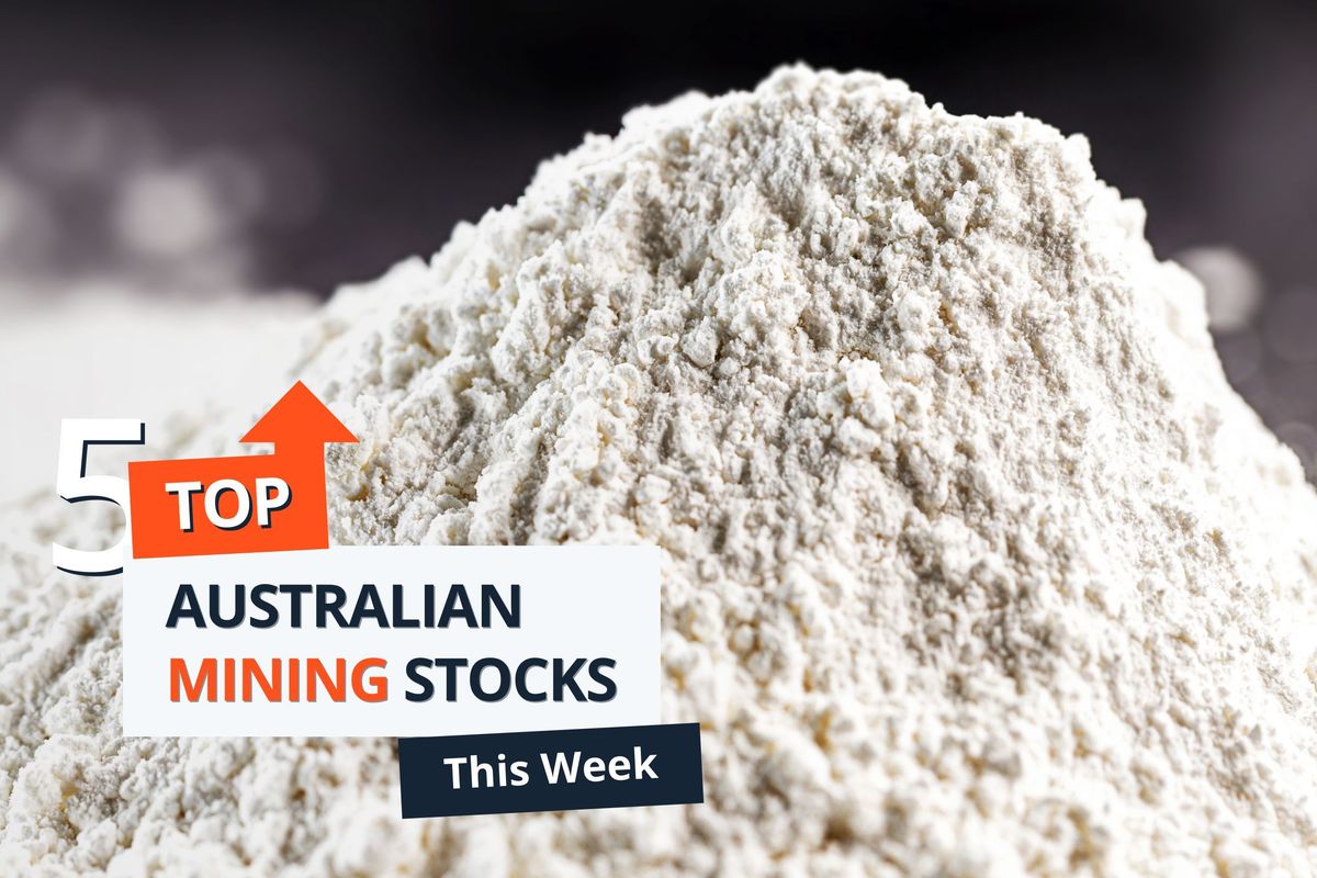 Closeup of pile of white kaolin clay mineral with text: "5 Top Australian Mining Stocks This Week."