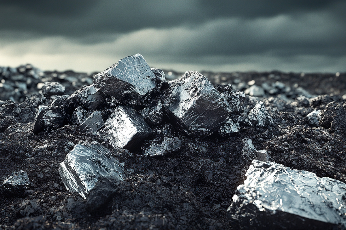 Closeup of shiny metallic rocks on rough, dark soil under a cloudy sky.
