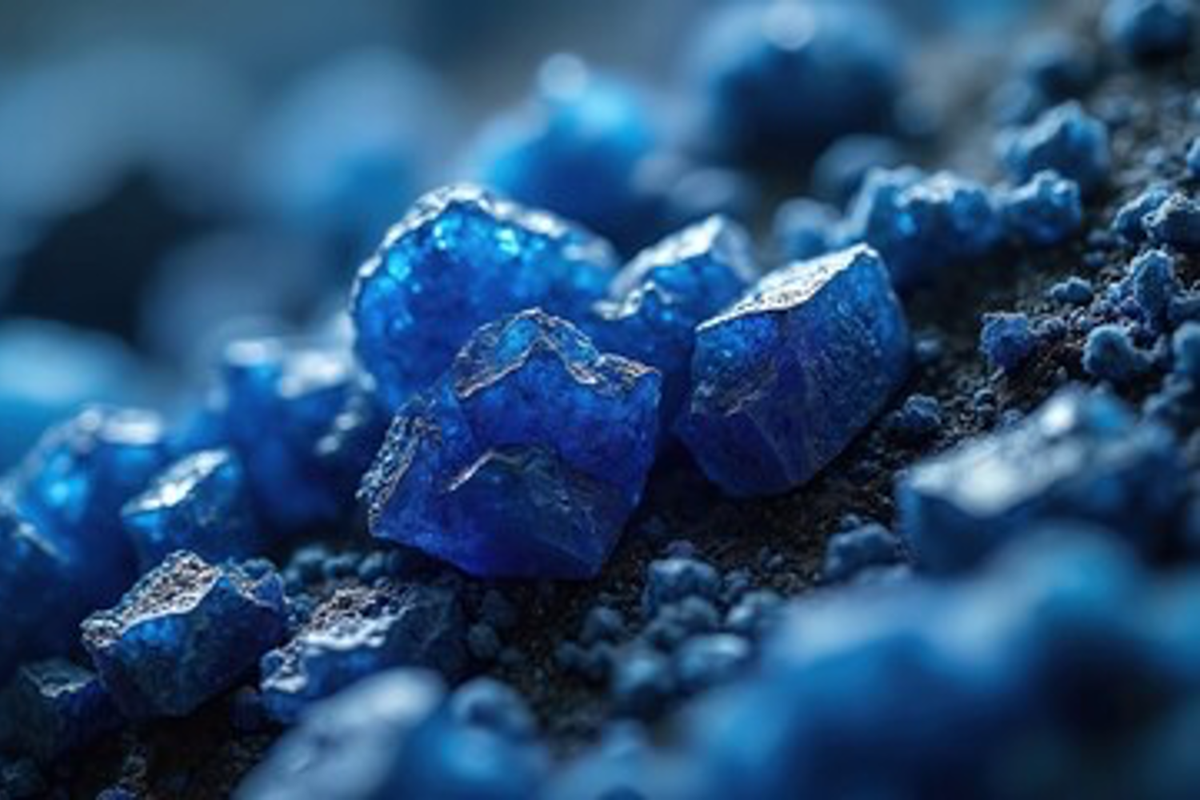 Closeup of vibrant blue crystals on a textured surface.
