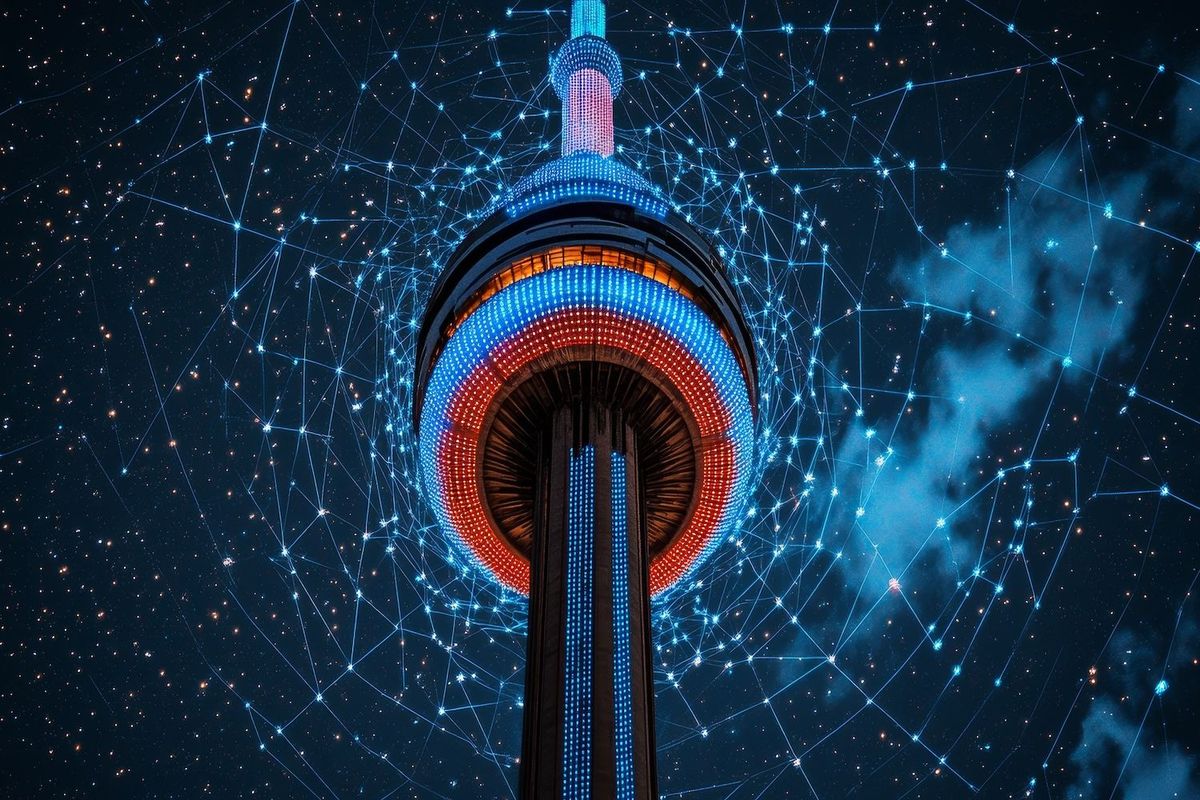 CN Tower with red and blue lights, surrounded by starry sky and digital network pattern.