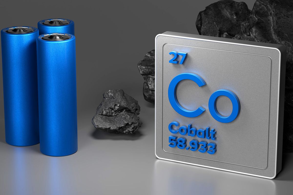 Cobalt periodic symbol, blue batteries and cobalt ore.