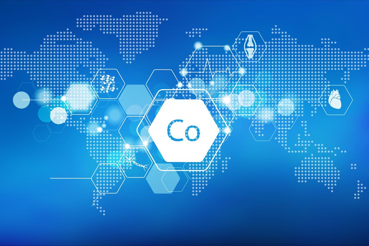 Cobalt periodic symbol over map of the world.