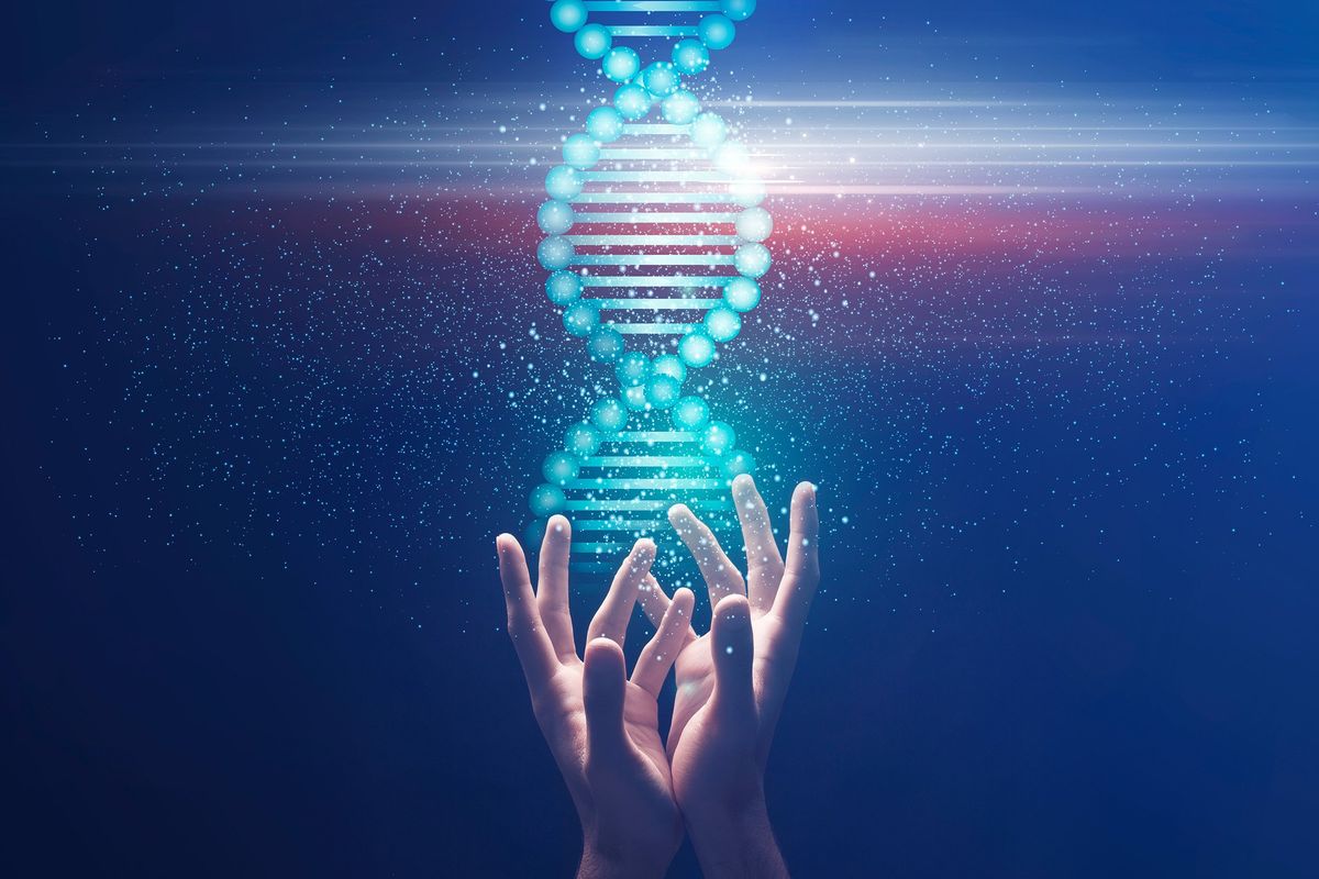 Collage with hands holding shiny DNA molecule on blue background.