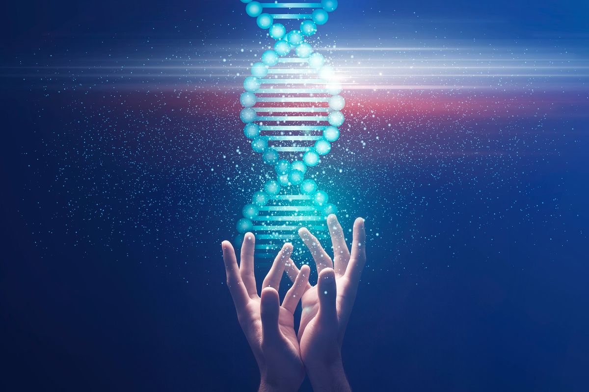 Collage with hands holding shiny DNA molecule on blue background.
