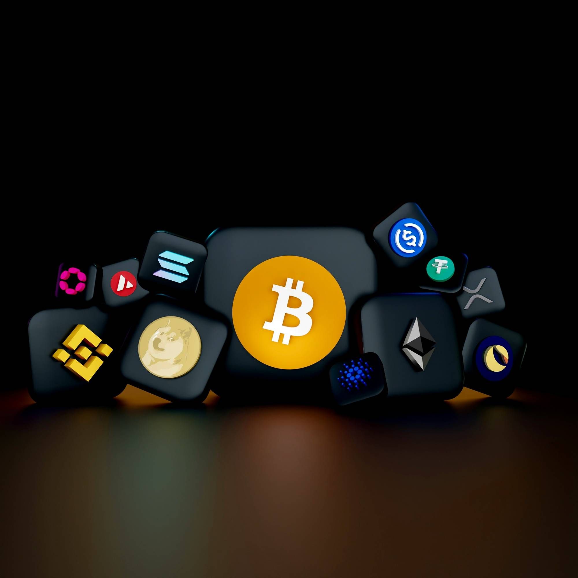 Collection of cryptocurrency logos on black tiles with a central Bitcoin symbol.