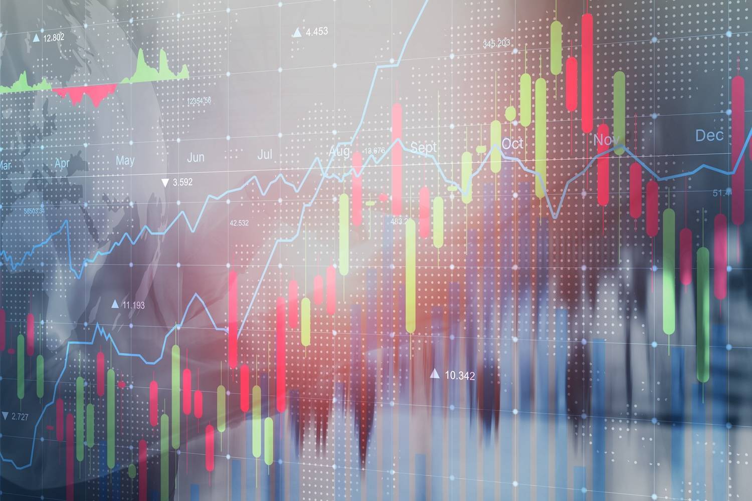 Colorful financial graphs with bar and line charts over a world map.