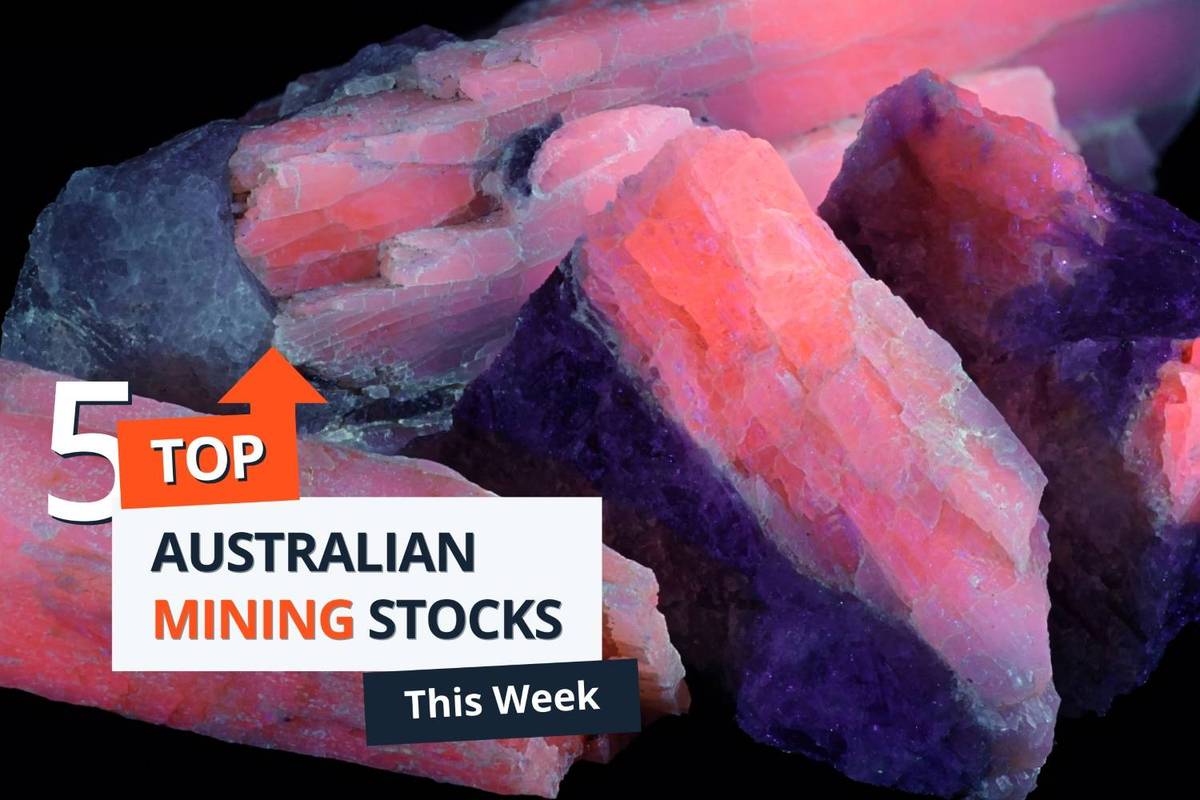 Colorful lithium spodumene mineral rocks glowing fluorescent pink and purple, with text reading: 5 Top Australian Mining Stocks This Week.
