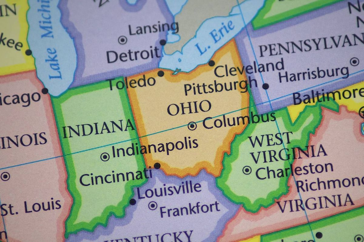 Colorful map shows U.S. Great Lakes region with cities; text reads: OHIO, INDIANA, WEST VIRGINIA.