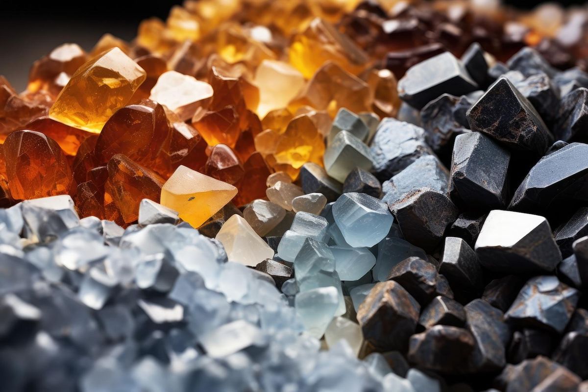 Colorful rare earths in blue, orange, and black hues clustered together.