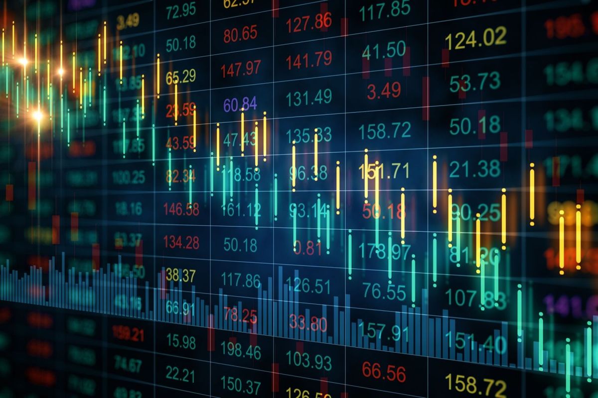 Colorful stock chart trending down.