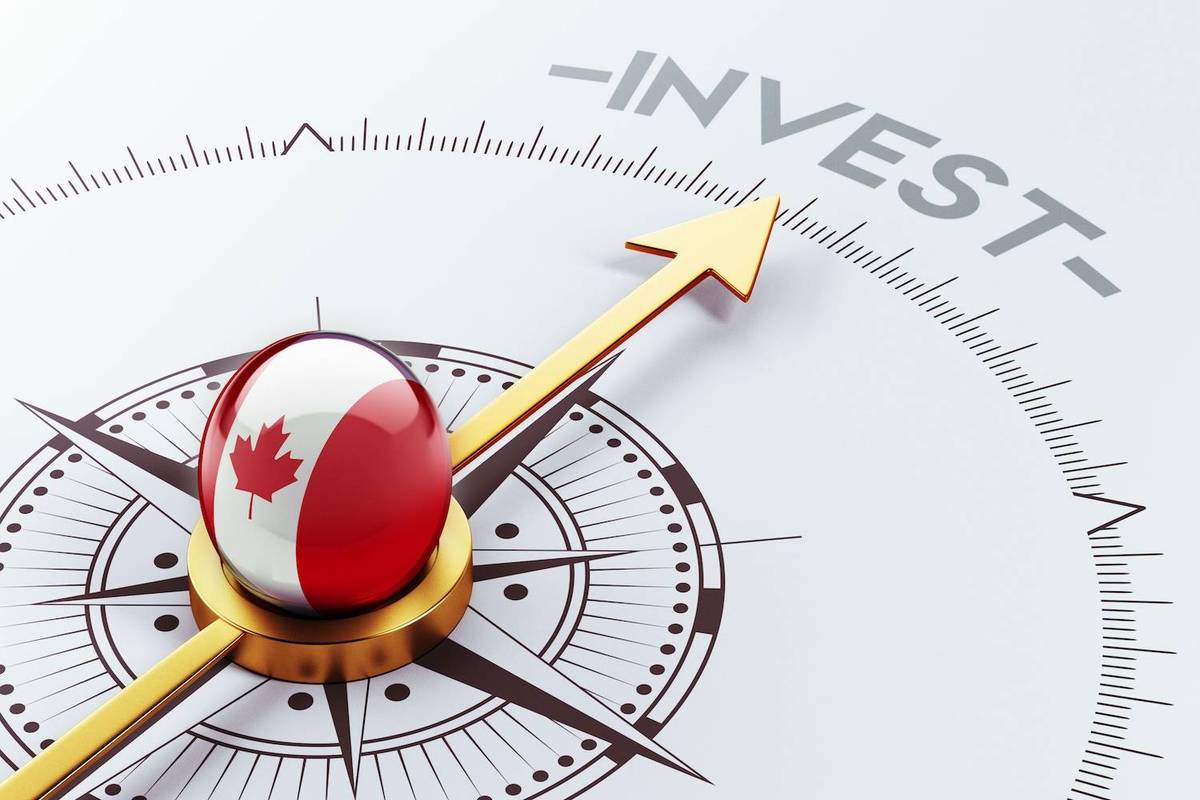 Compass with gold arrow and Canadian flag sphere points to text reading: "invest."