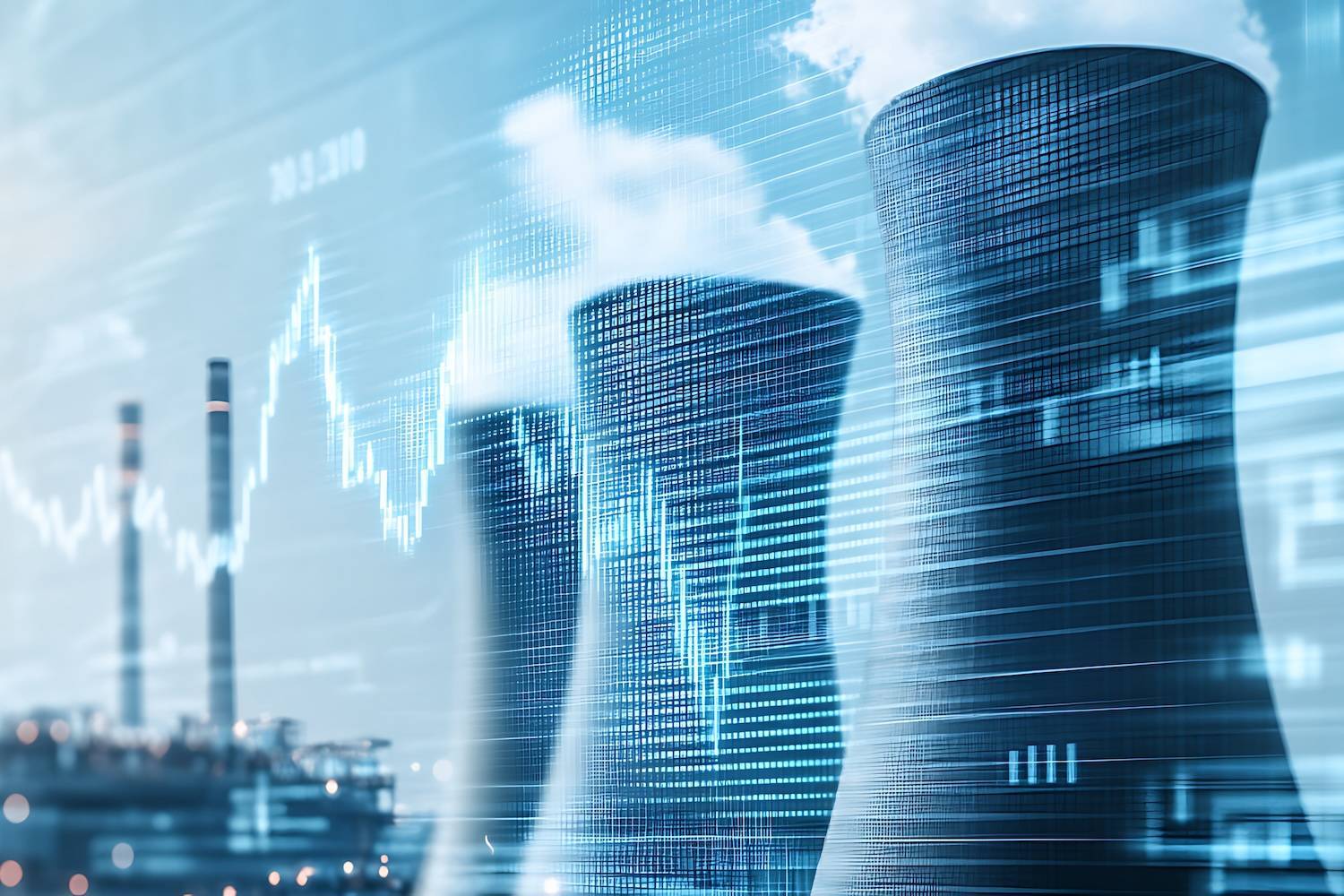 Cooling towers and factory pipes with overlaid futuristic blue graphs and numerical data.