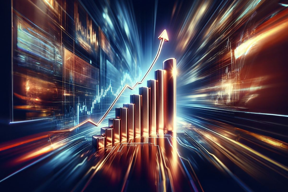 Copper arrow and bar chart going up.