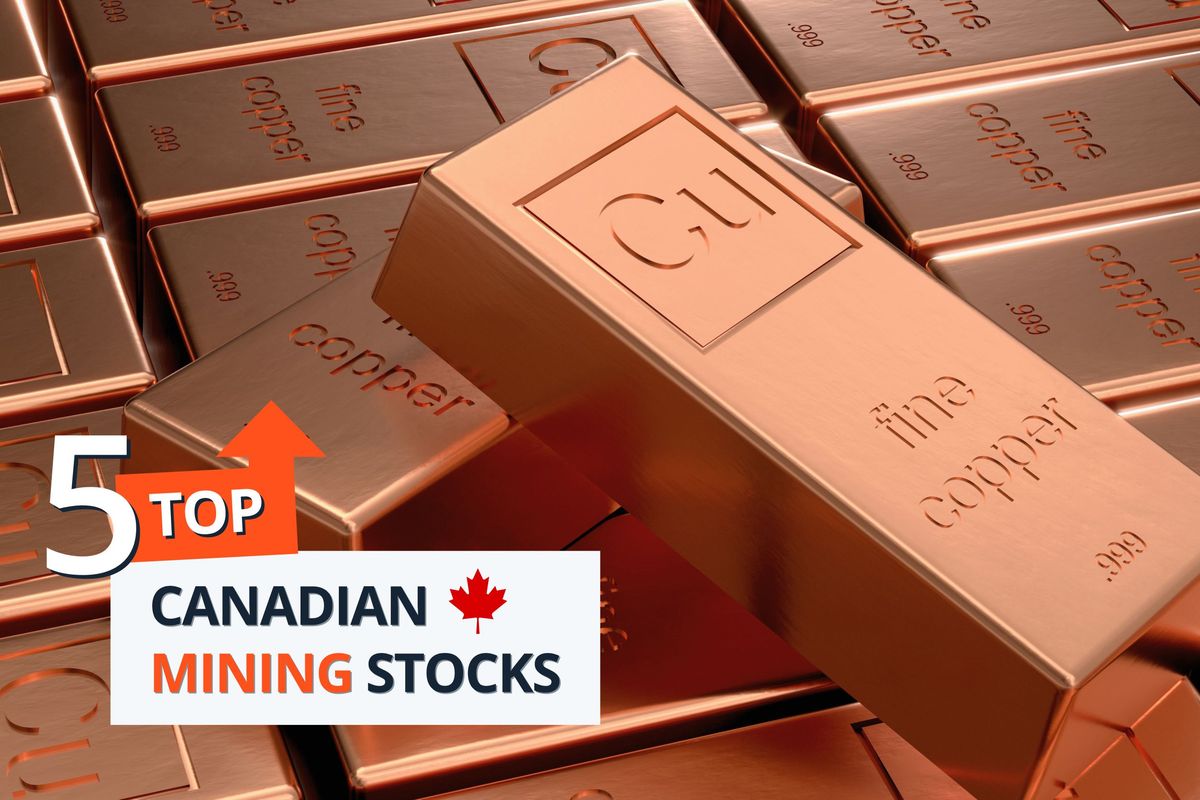 Copper bars with "5 Top Canadian Mining Stocks" text overlay.