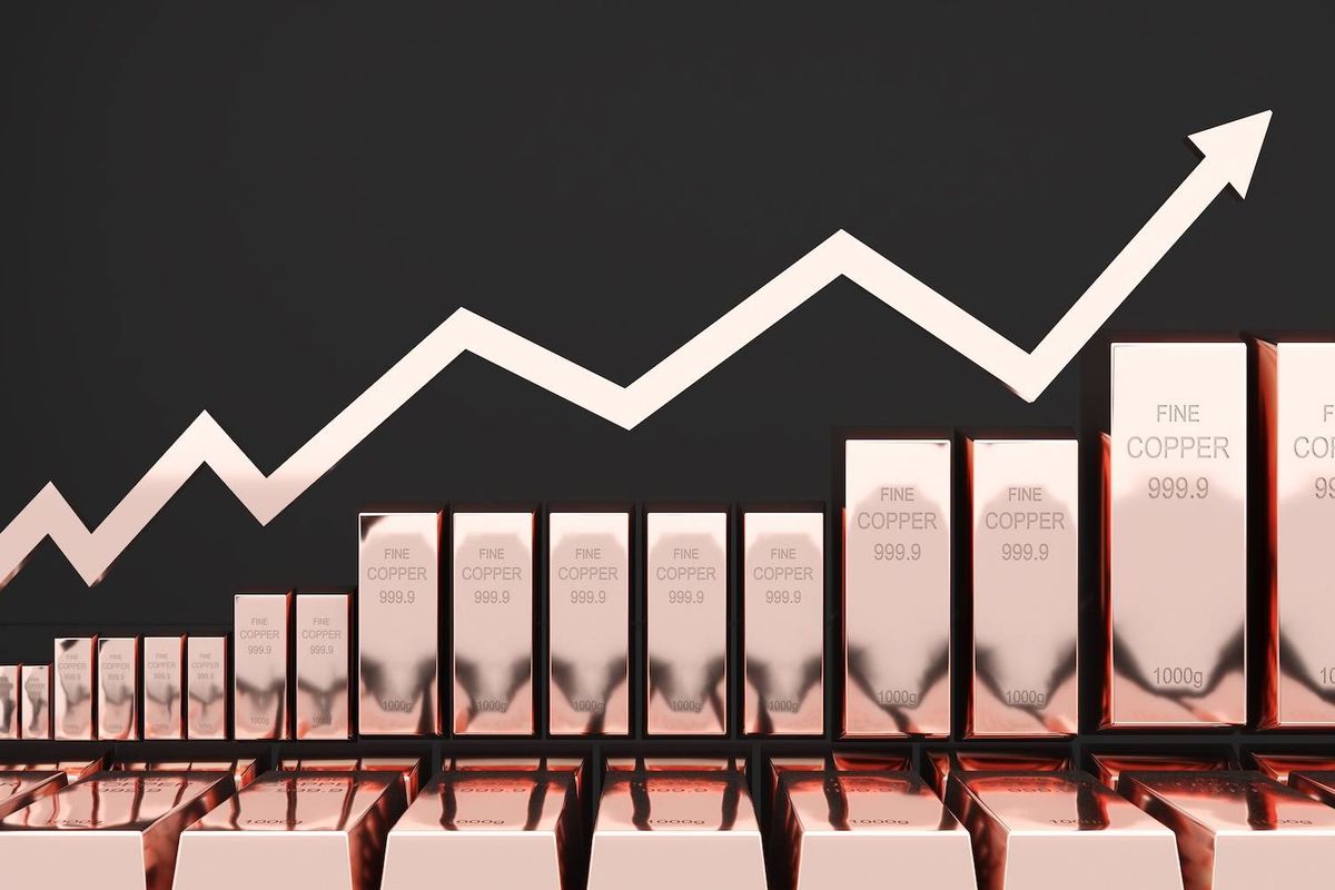 Copper bars with an upward-trending white graph on a black background.