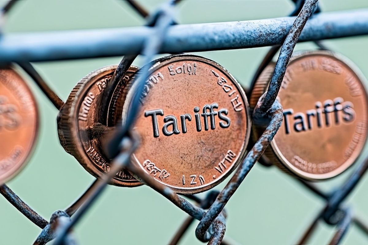Copper coins with the word "tariffs" written on them.