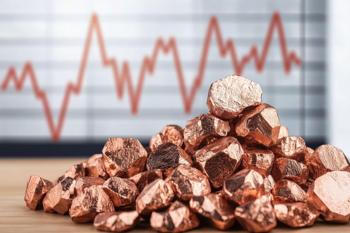 Copper nuggets piled in front of a fluctuating stock chart.