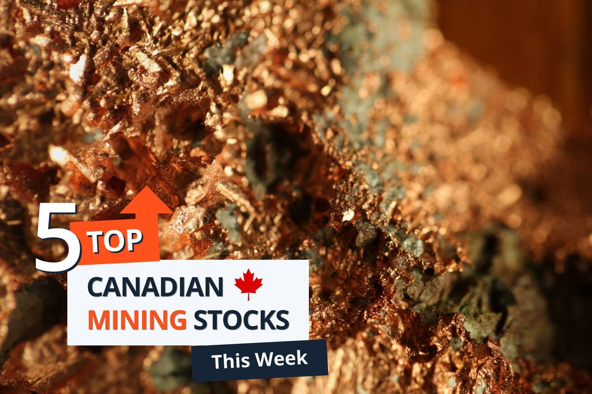 Copper ore with "5 Top Canadian Mining Stocks" text overlay.