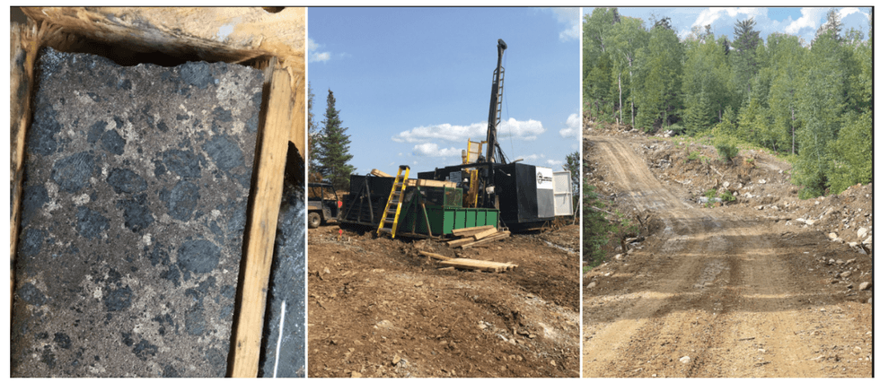 Core sample, oil rig and forest path in the Tartisan Nickel mining area.