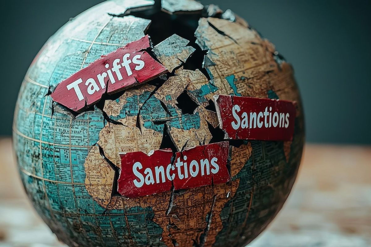 Cracked globe labeled "Tariffs" and "Sanctions" on a wooden surface.