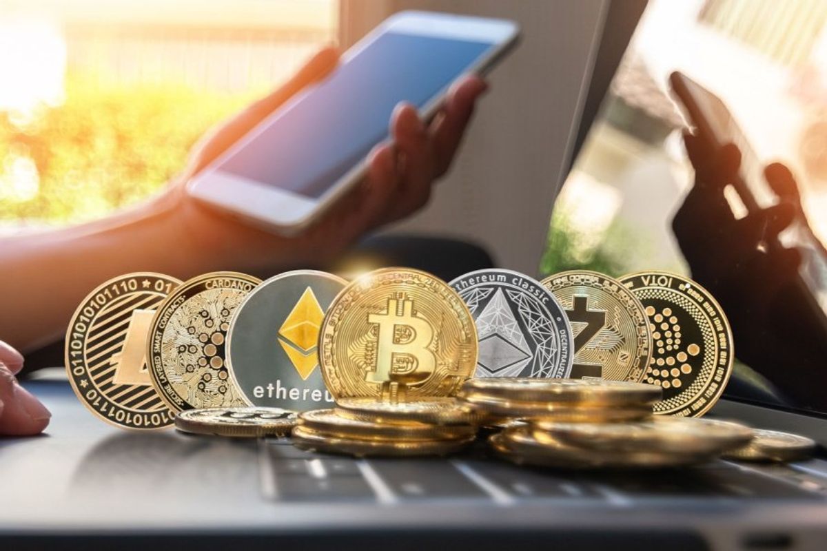 Crypto coins on keyboard.