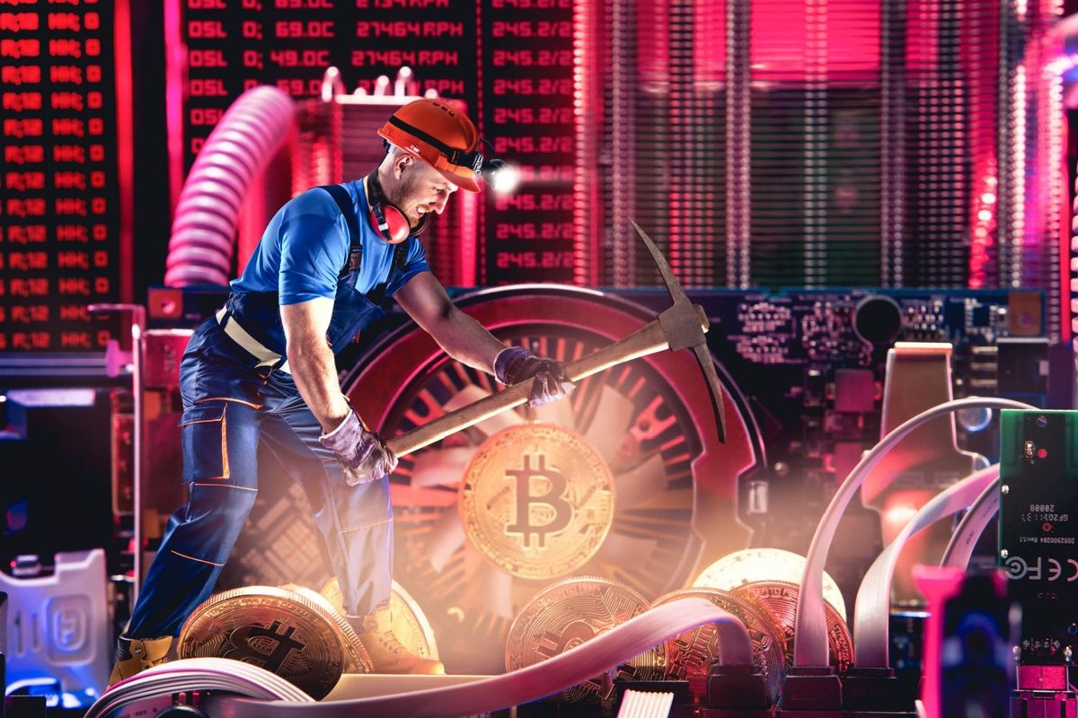 Crypto miner mining Bitcoin surrounded by computer hardware.