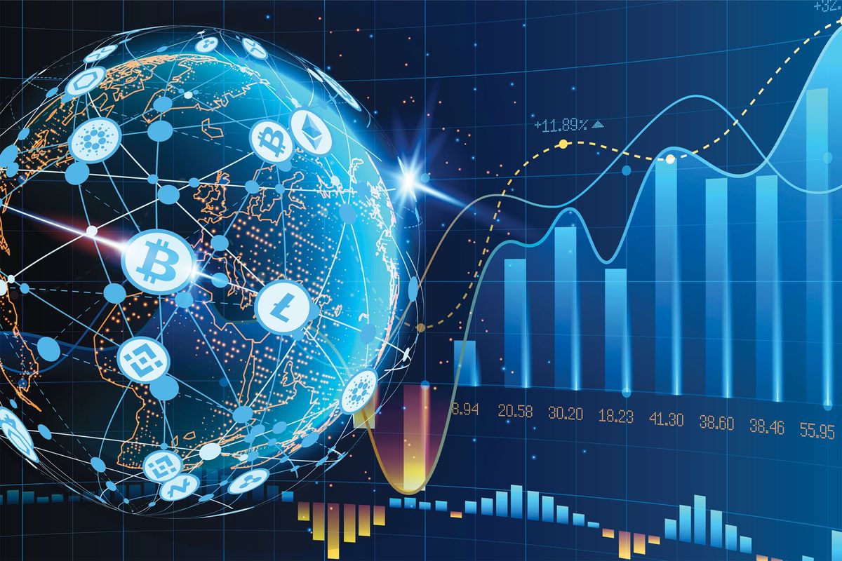 Crypto symbols over globe and price chart.