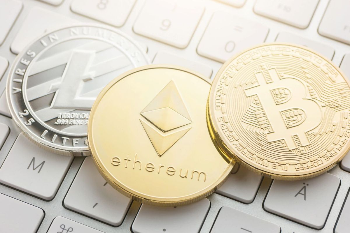 Cryptocurrency coins.