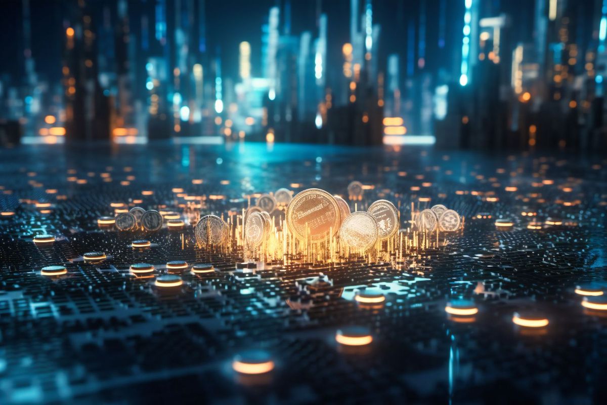 Cryptocurrency coins.