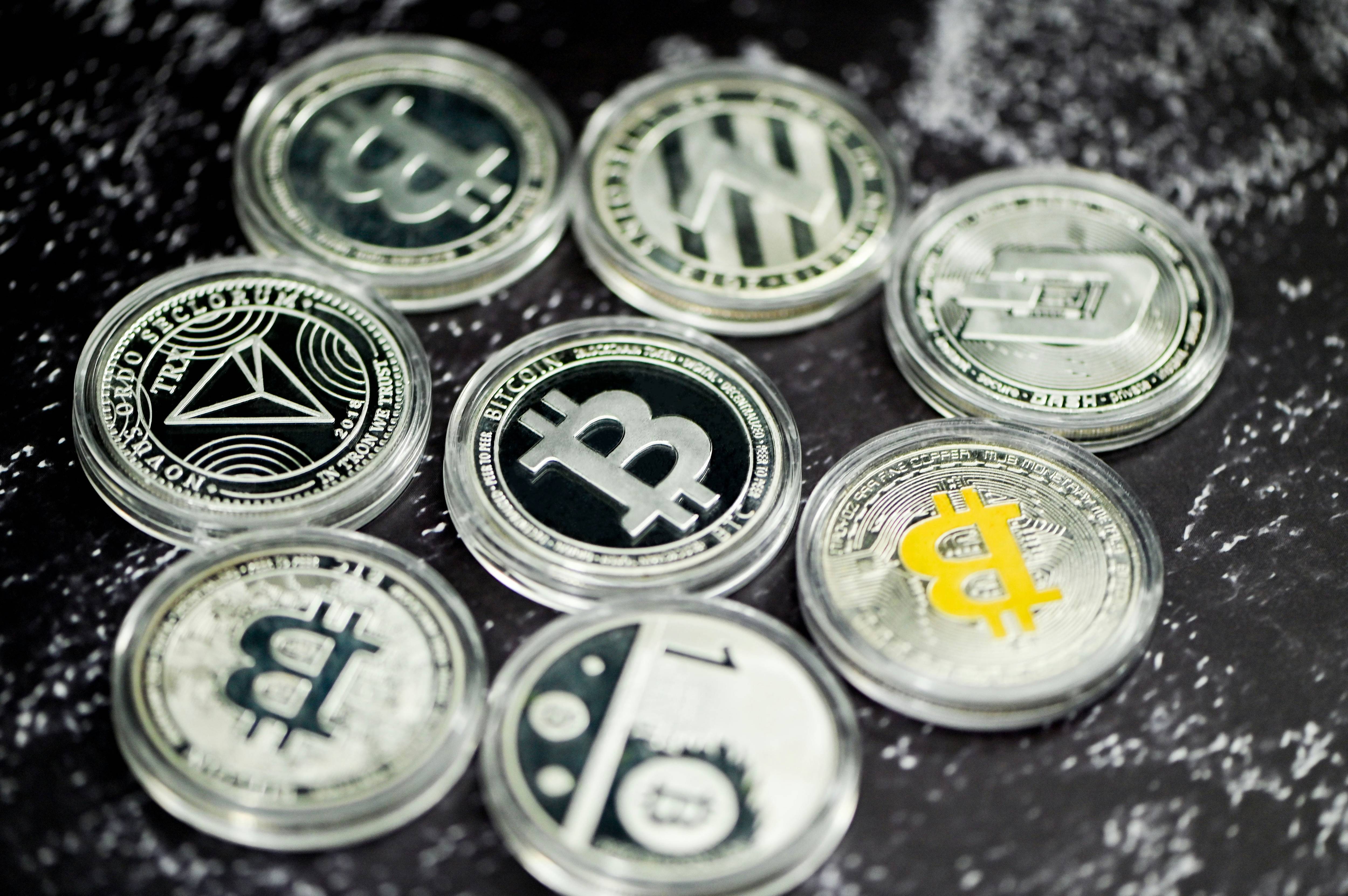 Cryptocurrency coins.