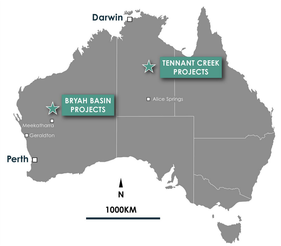 CuFe Limited's Tennan Creek and Bryah projects map