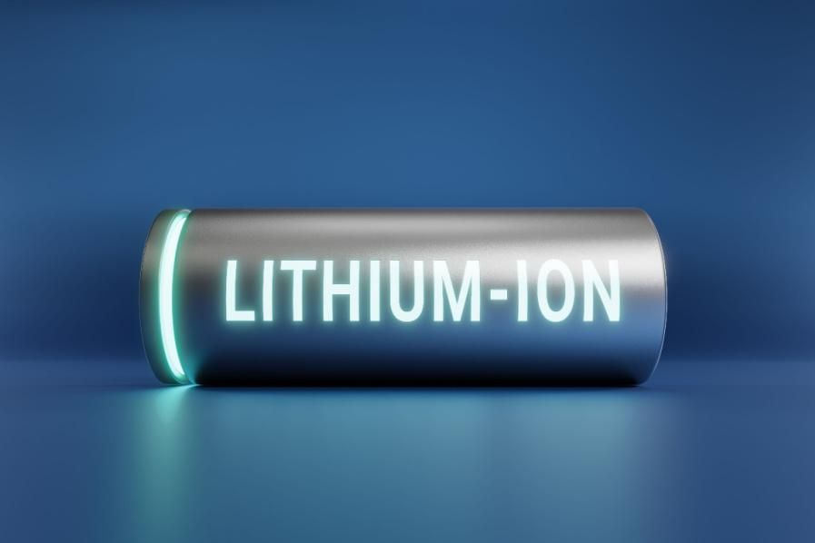cylinder with glowing end labeled "lithium-ion"