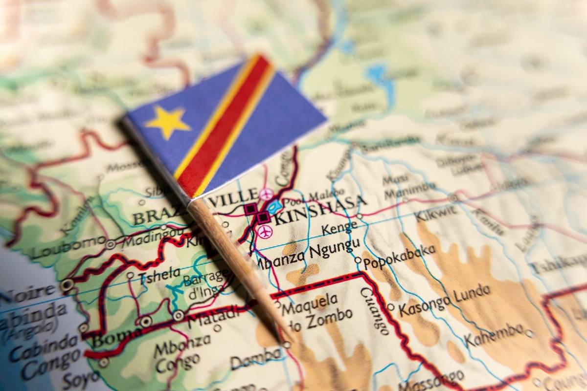 Democratic Republic of Congo on map with small flag.