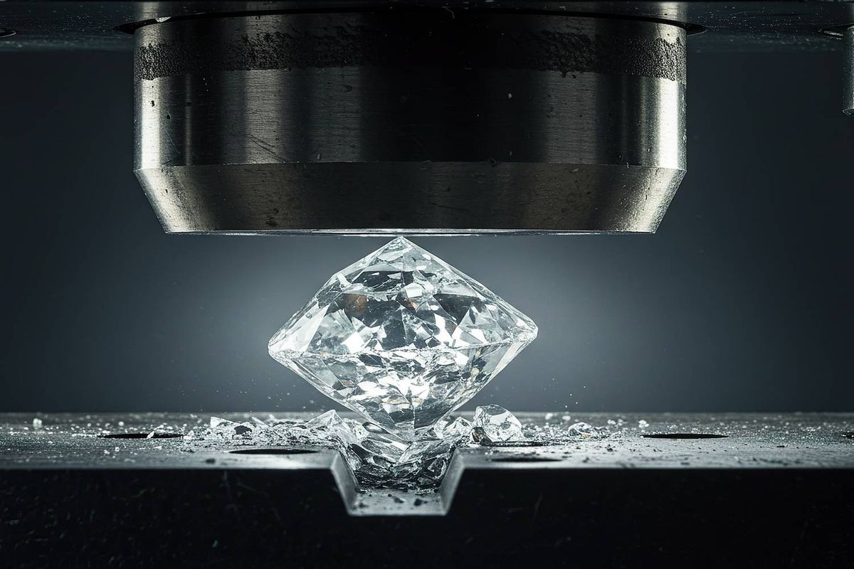 Diamond shattering under a hydraulic press, surrounded by scattered shards.