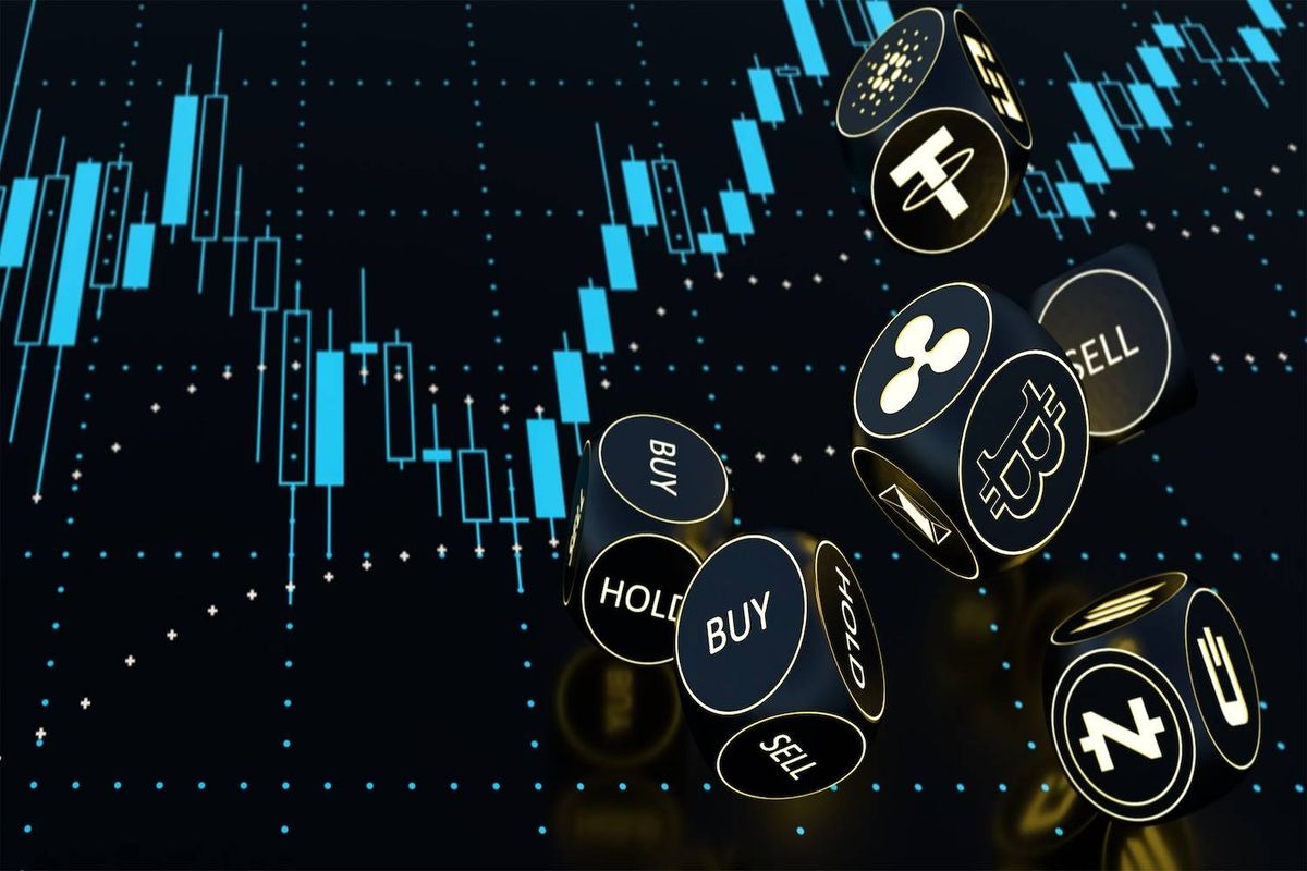 Dice with crypto symbols and trading terms over financial chart background.