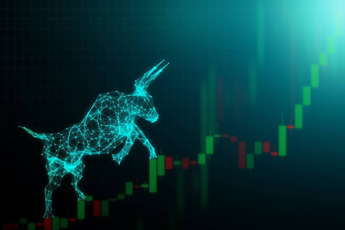 Digital bull on a rising stock chart, symbolizing a bullish market trend.