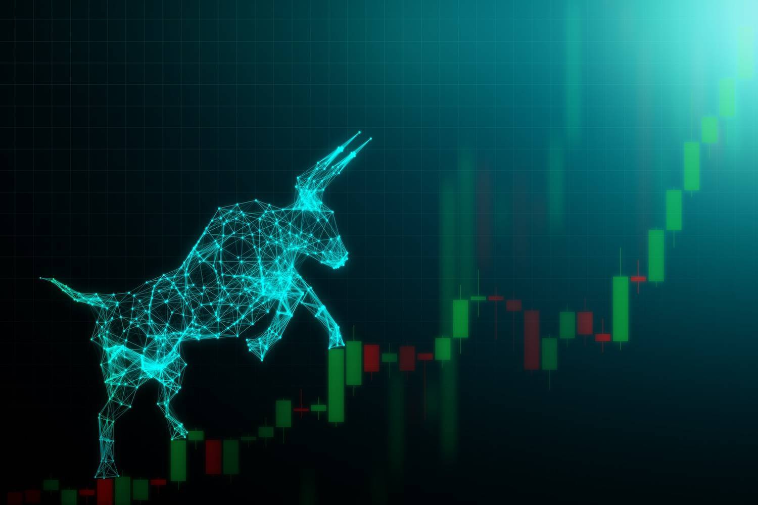 Digital bull on a rising stock chart, symbolizing a bullish market trend.