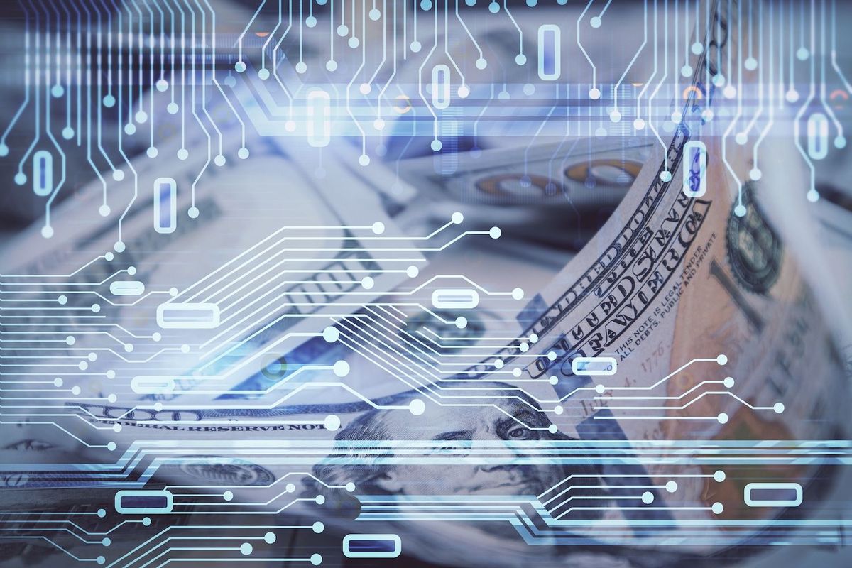 Digital circuit overlay on US dollar bills, representing technology and finance.