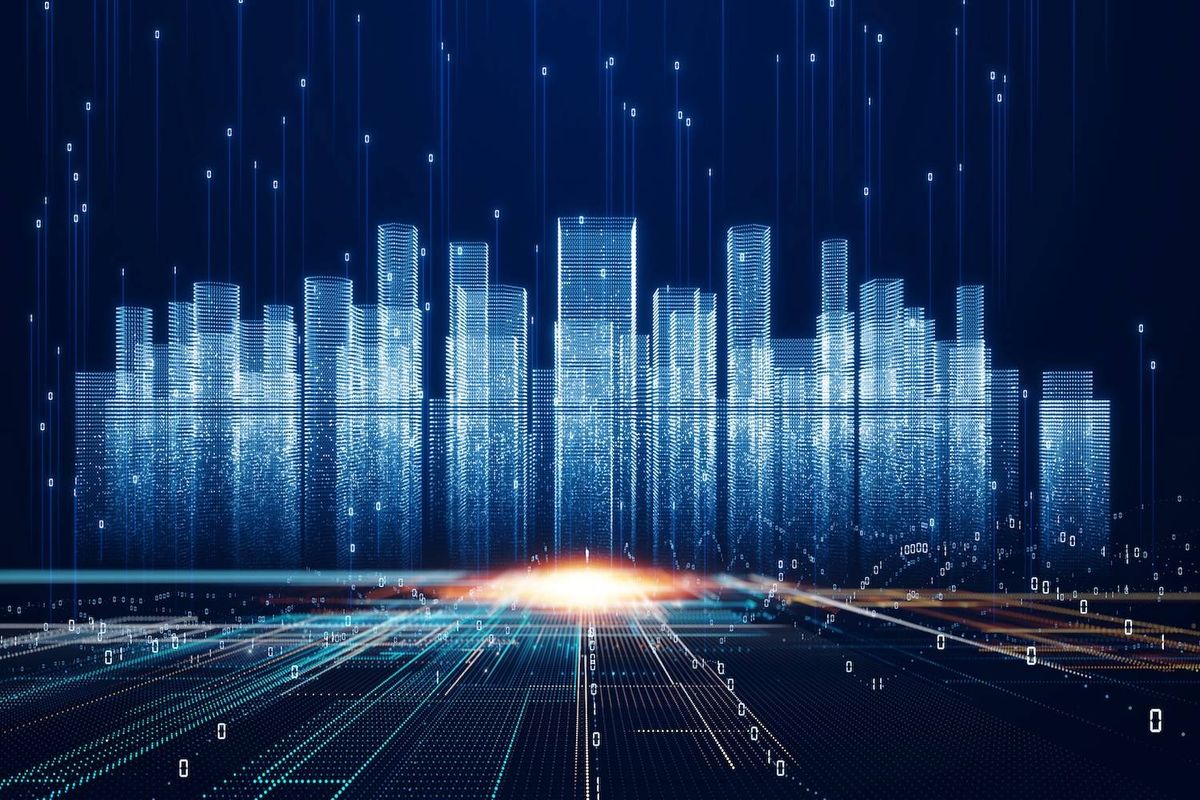 Digital cityscape with data streams and illuminated buildings on a dark background.