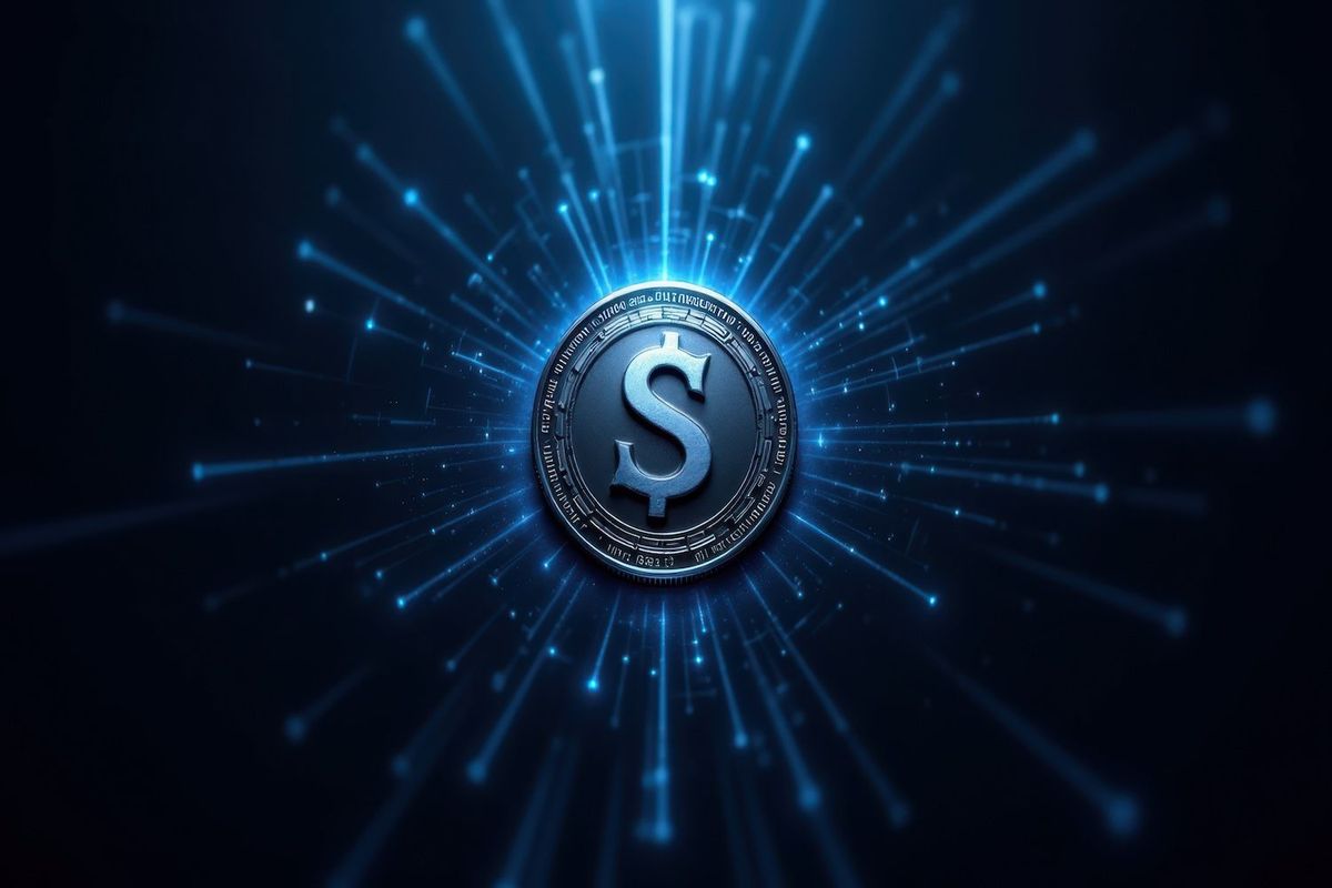 Digital coin with dollar sign in a radiant, futuristic blue background.