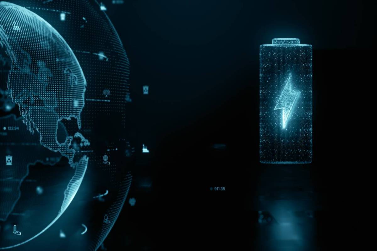 Digital Earth with data overlays on the left and a glowing battery icon with a lightning bolt on the right.