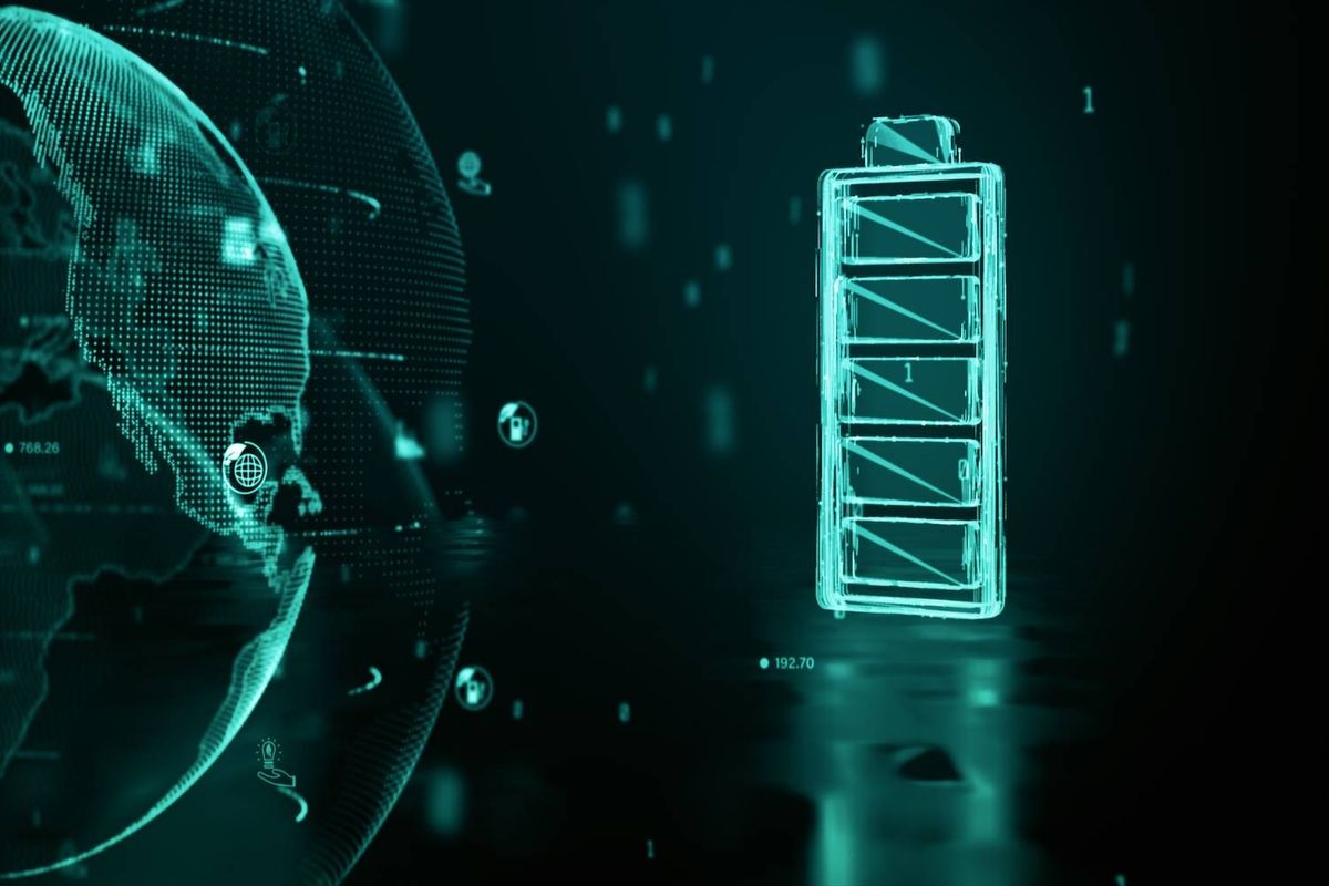Digital globe and holographic battery icon on a dark background.